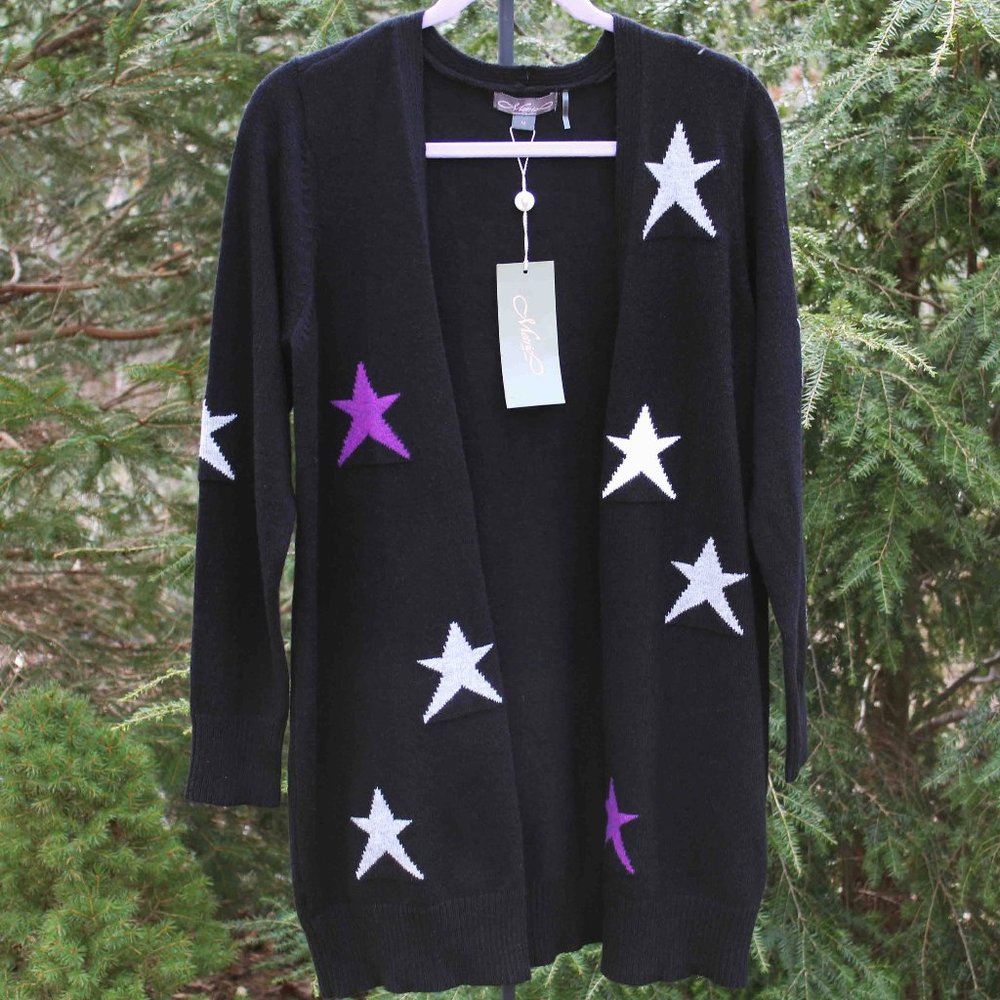 Metric New York Rayon-Blend Long Open Cardigan with Intarsia Stars